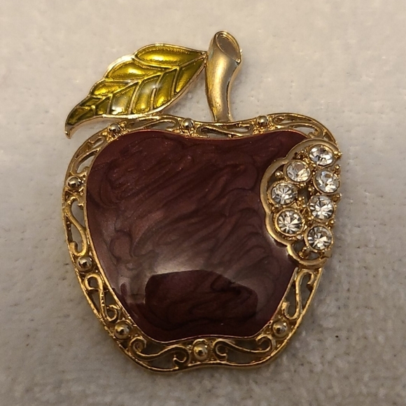 Gold tone and red with faux diamond's apple brooch - Picture 1 of 4